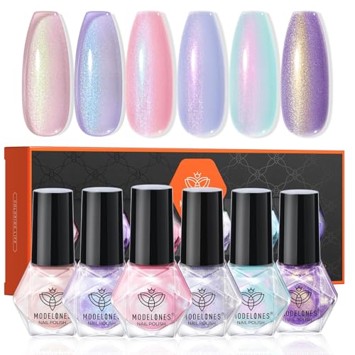 modelones Nagellack Set, 6 Farben Nagellack Schnelltrocknend Charme Rosa Blau Gold Lila Grün Aurora Nail Polish Set, Langanhaltender Gel Polish Set für DIY Salon Geschenk Maniküre