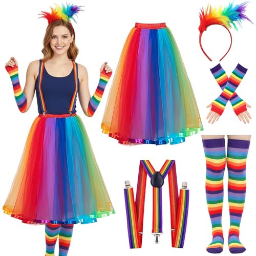 Raveparty Regenbogen Kostüm Set für Damen, Bunter Tüllrock mit Feder Stirnband, Faschingskostüm für Karneval Party