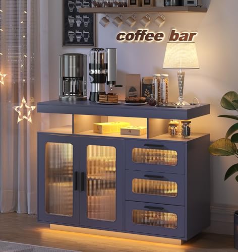 FREDEES RGB Küchenschrank mit Ladestation & LED-Beleuchtung, Sideboard Buffetschrank mit Stauraum für Küche und Esszimme, Gray