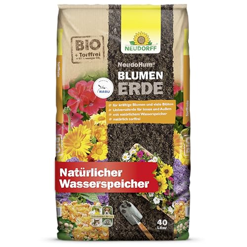 Neudorff NeudoHum BlumenErde 40L Bio - Torffreie Zimmerpflanzen Erde für Innen und Außen - fördert kräftige Blumen und viele Blüten