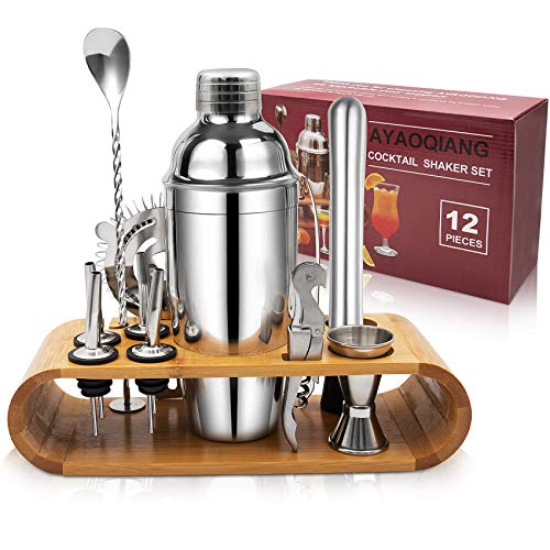 Cocktail Set, Edelstahl Cocktail Shaker Bar Set, 12 Stück Cocktailmixer Set mit Holzständer, Messbecher und Bar Löffel, 750ml Shaker Cocktail Set für Zuhause oder die Bar