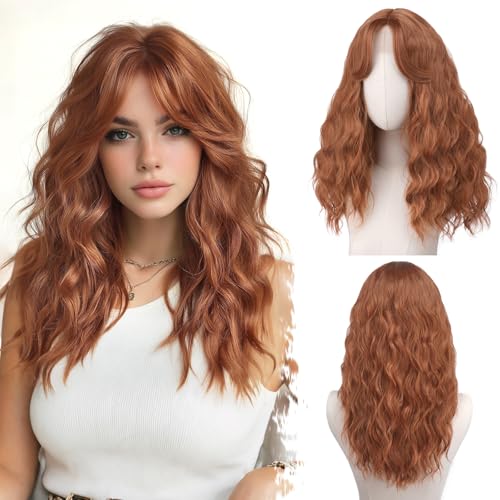 BARSDAR Gewellt Auburn Perücken, Mittel Lange Lockige Gewellt Perücke für Frauen 50cm Weiche Wave Kupfer Perücke mit Face-Framing Curtain Pony Synthetische Natürlich Aussehend Halloween Perücken