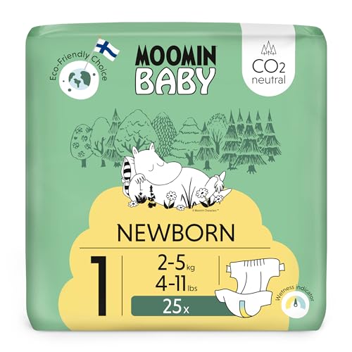 Moomin Baby Neugeboren Öko Windeln Größe 1, 2-5 kg 25 Stück, Weiche Premium Windeln mit Nässeindikator | Weich und hautfreundlich, Atmungsaktiv, Saugfähig, Keine unnötigen Chemikalien |