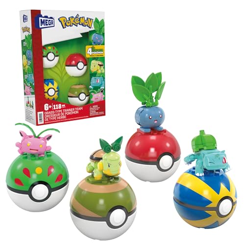 MEGA Pokémon Actionfigur-Bauspielzeug, Pflanze-Typ Trainerteam mit 118 Teilen, bewegliche Bisasam-, Chelast-, Hoppspross- und Myrapla-Figuren, Geschenkidee für Kinder, HWR77