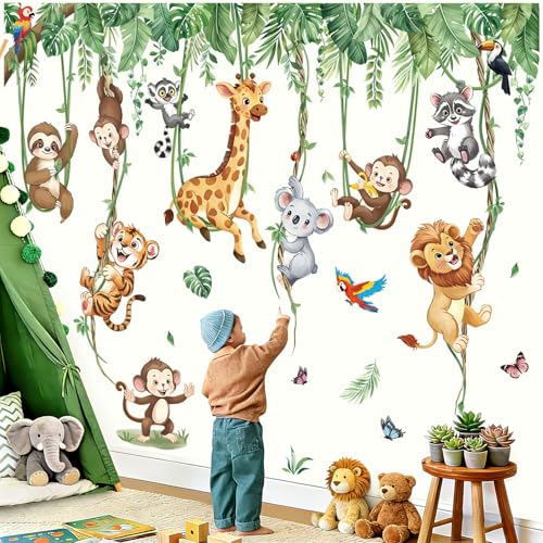 decalmile Wandsticker Dschungel Tiere Tropische Blätter Wandtattoo Hängende Rebe Safari Giraffe Löwe Affen Wandaufkleber Kinderzimmer Babyzimmer Schlafzimmer Wanddeko