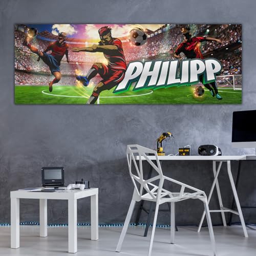 tjapalo® vz96 Kinderbilder Fussball Bild Fußballer Wandbild Fußball Poster mit Namen personalisiert Kinderzimmer Bilder jungs Fußballstadion bilder kinderzimmer jungen Name, Größen Name: B140xH49cm