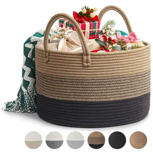 Rieeyrslza Wäschekorb für Decken 32L Geflochten Wäschesammler Baumwolle Seil Korb Faltbare Vielseitiger Aufbewahrungskorb mit Henkel Geeignet für Wohnzimmer und Schlafzimmer (3 Farbtöne Braun)