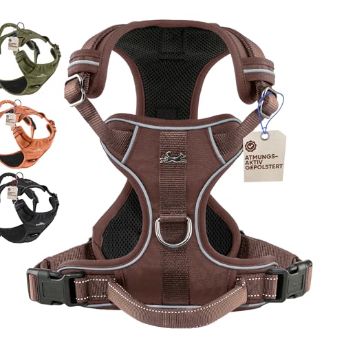 FREUDENTIER Hundegeschirr mit Griff, atmungsaktiv gepolstert - Bombenfester Sitz & maximale Sicherheit - Anti Zug Hundegeschirr kleine, mittelgroße & Grosse Hunde - Hunde Geschirr (Braun,L)