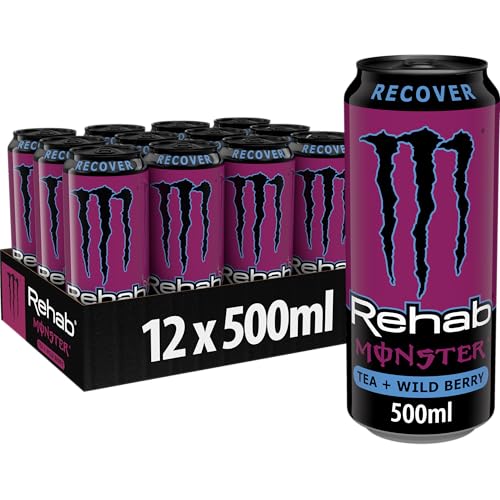Monster Energy Rehab Wild Berry - koffeinhaltiger Energy-Drink ohne Kohlensäure mit Beeren-Eistee-Geschmack und Elektrolyten - full Flavour, full Sugar, kalorienarm - in Einweg Dosen (12 x 500ml)