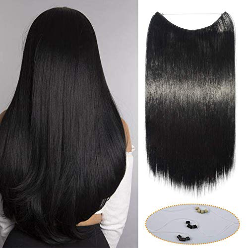 Silk-co Haarverlängerung mit Gummiband, Glatte Extensions mit unsichtbare Schnur, Synthetisch Haarteil wie Echthaar, Haarverdichtung Haar Extensions für Frauen, Schwarz, 50cm