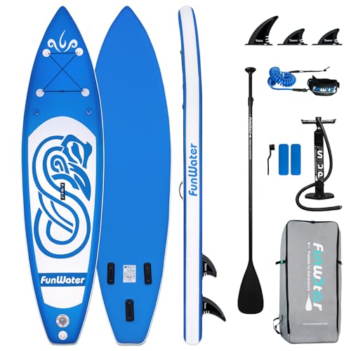 FunWater Stand Up Paddling Board Aufblasbares SUP Board mit Paddel, Flossen, Rucksack, Pumpe, Reparaturset, Leash