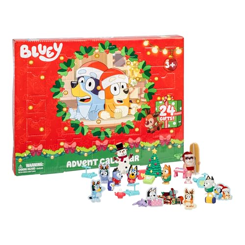 Blueys Adventskalender, entdecke hinter den 24 Türchen die 4 Mini-Figuren Bluey, Bingo, Muffin und Socks, 12 Zubehörteile, 3 Aufsteller aus Papier und 5 Sticker