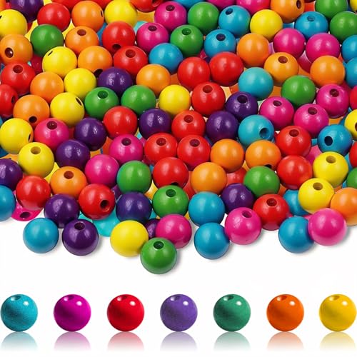 Jyvex 800 Stück Holzperlen Bunt, 10mm Bunte Holzperlen zum Auffädeln, Natürliche Runde Holz Bunte Perlen für DIY Schmuck Herstellung, Dekorationen, Halskette(Mit Perlennadeln)