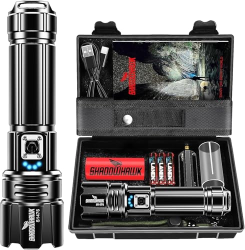 Shadowhawk Taschenlampe Led 500000 Lumen, Extrem Hell Taschenlampe USB Aufladbar Taktische Taschenlampen Mit holster XHP70.2, IP67 Wasserdicht 5 Lichtmodi für Camping Wandern Notfälle