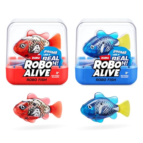 ROBO ALIVE Robo Fish Series 3 Roboter-Fisch, 2er Pack, Blau und Rot, schwimmt in mehrere Richtungen, batteriebetrieben, Spielzeugfisch, Poolspielzeug