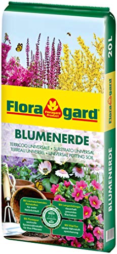 Floragard Blumenerde 20 Liter - Premium Universalerde mit Ton und Langzeitdünger - mit regionalen nachwachsenden Rohstoffen - für Zimmerpflanzen, Terrasse und Garten