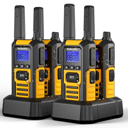 Radioddity HD-1 Funkgerät Set, Walkie Talkie wasserdicht IP67, Robuste PMR, staubdicht stoßfest mit EIN-Tasten-Gruppenruf, Vibrationsalarm, SOS, Dual PTT, Basis- und USB-C-Ladung (4 Stück)