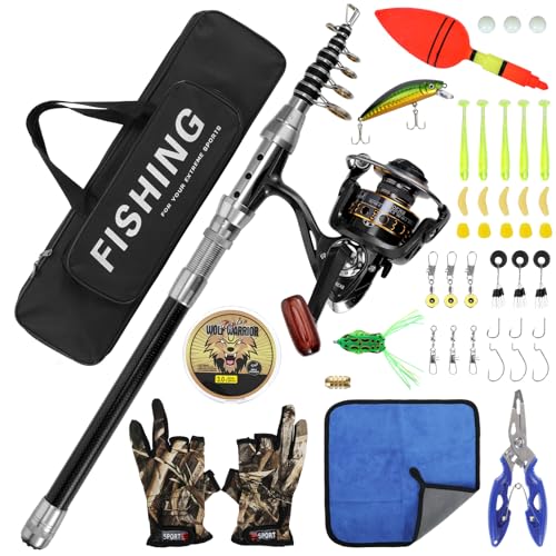 Geegear Teleskopangel Angelrolle 2,4m/8ft, Kohlefaser Angelrute, Angelset Teleskop-Rute mit Rolle, Ködern, Angelzubehör und Angel-Tasche Kombi zum Angeln in Salzwasser und Süßwasser