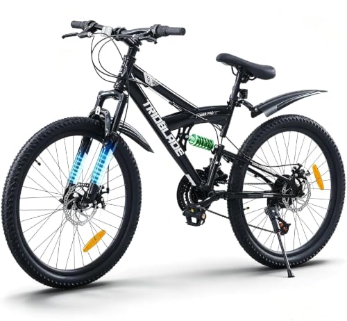 LSBIKE 24/26/27,5/29 Zoll Vollfederung Mountainbike, Fully MTB 21 Gang Schaltung,Outdoor Fahrrad mit Doppel Scheibenbremsen,Verstellbarem Ergonomischen Sitz,Für Alltag und Gelände (Schwarz, 26 Zoll)