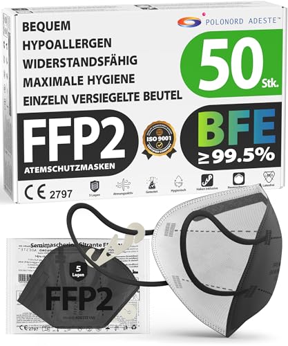 ADESTE – 50x FFP2 NR D Maske, Hygienische 5-lagige Staubschutzmaske, EN149:2001+A1:2009 Mundschutzmaske EU2016/425, Schwarz, Atemschutzmaske, Einzelne versiegelte Beutel