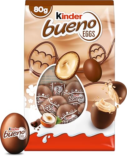 kinder bueno Eggs – Schokoladen-Eier gefüllt mit einer Milch-Haselnusscreme – Vollmilchschokolade – Osterschokolade, Ostereier, Süßigkeiten zu Ostern – Zum Anbieten – 80g