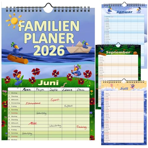 Familienplaner 2026 mit 5 Spalten Familienkalender A4 Terminplaner Cartoon Wandkalender mit Platz für Notizen