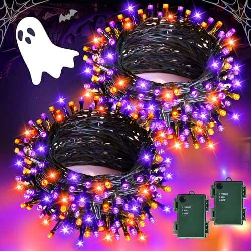 Gcstnn Halloween Deko Lichterkette Outdoor, 2 Stück Gesamt 10M 100er LED Orange Lila Lichterketten Batterie mit Timer, Wasserdicht Lichterkette für Halloween Party Dekoration,Herbst,Außen,Innen,Garten