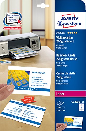 AVERY Zweckform C32016-25 Premium Visitenkarten, blanko (250 Stück, 220g, 85x54 mm, beidseitig bedruckbar, satiniert ultraweiß, absolut glatte Kanten, 25 Blatt) zum Selbstbedrucken auf Laser-Druckern