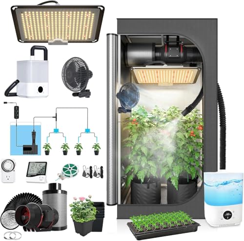 Growbox Komplettset,LED Vollspektrum Pflanzenlampe+Grow Tent+Inline-Lüfter Kohlekohlefilter Belüftungs+Oszillierend Ventilator+Humidifier (80X80X160CM Growbox Komplettset)