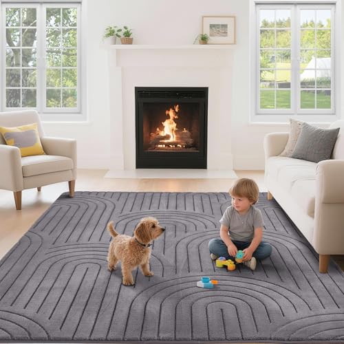 Puremy Wohnzimmerteppich, Kurzflor Teppich Wohnzimmer Schlafzimmer Kinderzimmer mit Hoch-Tief-Effekt, 3D Effekt, hohe Flordichte und angenehm weich, Moderner Bogenförmiges Design, 120x170cm, Grün