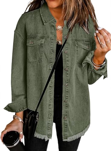 Dokotoo Damen Jeansjacke Oversize Übergangsjacke Casual Langarm Jeans Jacken Button Down Streetwear Freizeitjacke, grün, L