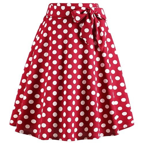 WERFORU Damen Midi Rock 50er Jahre Rock Polka Dot Rockabilly Vintage A Linie Swing Faltenrock mit Gürtel