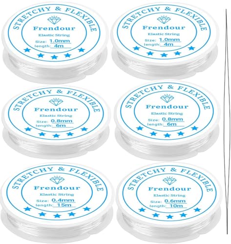 Gummiband für Armbänder, Elastisch Schmuckfaden 1.0mmX2, 0.8mmX2, 0.6mm und 0.4mm,6 Spools Transparent Elastische Schmuckfaden,Transparente Perlen Faden mit Perlennadel für Schmuckherstellung.