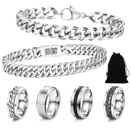 KERANEET 6 Stück Armband Herren Silber Armband Herrens Edelstahl Silber Armbands Männer Armb-and Her-ren Armbands Kette Herren Mit 4 Die Ringe für Geschenk Geburtstag Männer