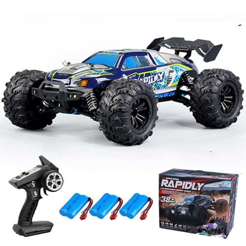 Teeggi 50km/h Ferngesteuertes Auto, 1/16 RC Hohe Geschwindigkeit Offroad Drift Rennauto, 2.4G Kohlebürste Motor 4WD Off Road Race Buggy für Erwachsene, 3 Batterien(Blau)