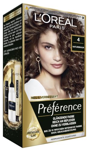 L'Oréal Paris Permanente Haarfarbe, Haarfärbeset mit Coloration und Farbglanz-Pflegebalsam, Préférence, 4 Naturbraun, 3er Set