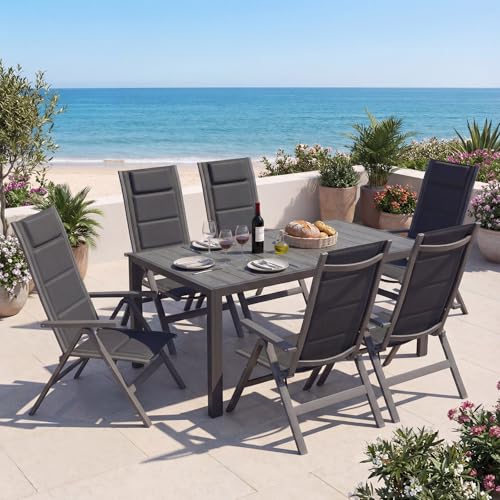 Devoko Gartenmöbel Set 6 stühle mit Tisch, Bestehend aus 1 Aluminiumtisch und 6 Klappstühlen für balkonmöbel. 1 x 150 cm Gartentisch mit Holzmaserung, Terrassenmöbel-Set, Dunkelgrau.