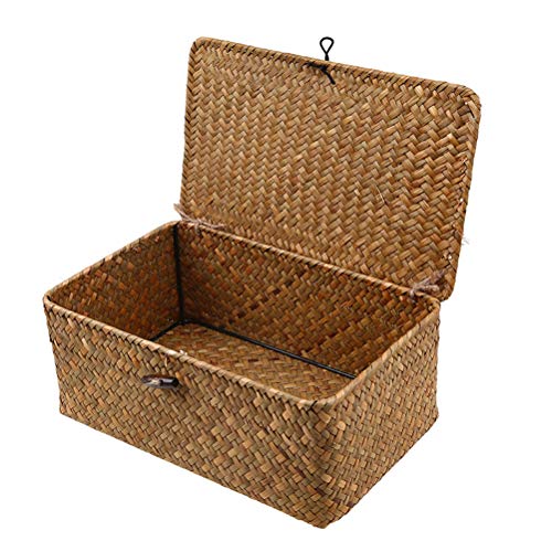Esoes Aufbewahrungskorb aus geflochtenem Rattan, Aufbewahrungsbox mit Deckel, Seegras, Wäschekörbe, Make-up-Organizer für Badezimmer, Wohnzimmer, Küche