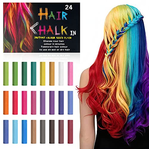 AOOWU Haarkreide, 24 Farben Set Haar Kreide für Mädchen, Temporäre Haarfarbe Kinder Erwachsene Auswaschbar Ungiftig, Haar Colorationen für Halloween Karneval Festivals und Cosplay Partys