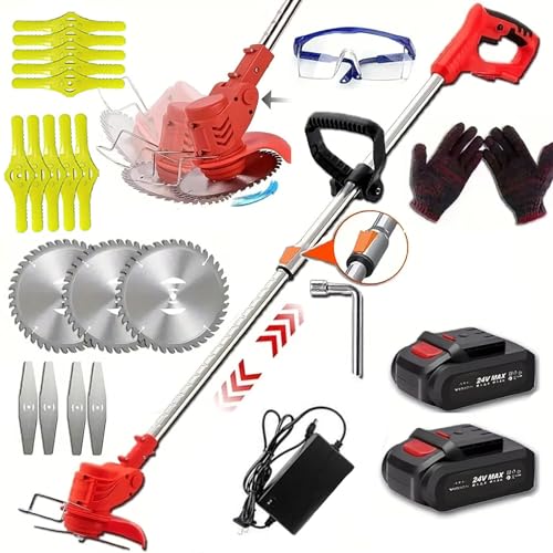 Akku-Rasentrimmer, batteriebetriebener Rasentrimmer mit 24 V, elektrischer Rasentrimmer ohne Kabel,mit 3 Arten von Klingen, 3 in 1 Verstellbarer Kopf und Teleskopgriff (Rot)