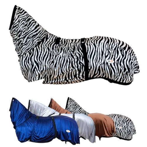 RL24 - Ekzemerdecke mit Halsteil & Bauchlatz – Fliegendecke z. Schutz vor Insekten – feinmaschiges Gewebe, doppelter Frontverschluss & Beinschnüre – Pferdedecke in Schwarz/Weiß – 145cm