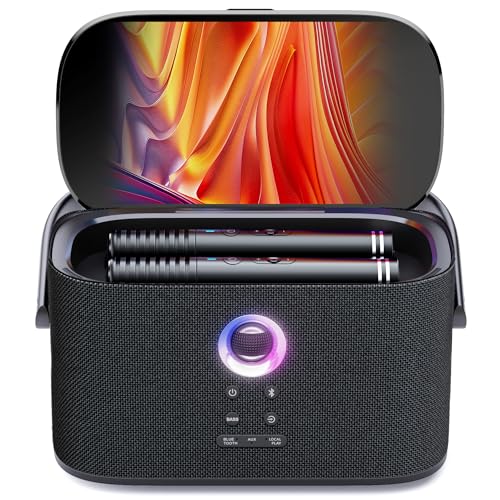 Ikarao Karaoke-Maschine - Komplettsystem mit Textanzeige, 2 Mikrofonen, 140W, Bluetooth, HDMI-Anschluss, selbstaufladend, für Karafun-App, ideal für Home-Party & Fernseher （Shell S2）