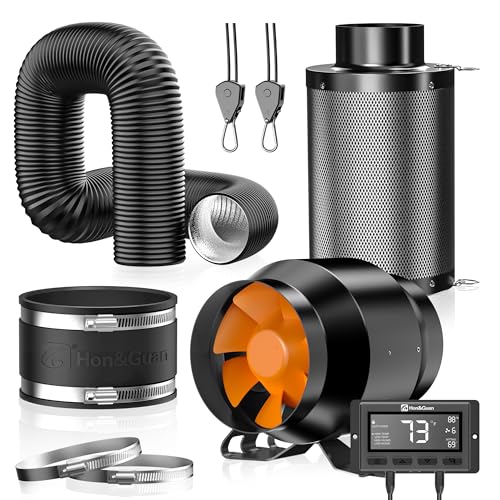 Hon&Guan Abluftset 100mm, Rohrventilator 100mm mit Temperatur- und Feuchtigkeitsregler, Aktivkohlefilter Grow, Gummikupplung, Rohr Schlauchschellen Set für Growzelt Hydroponik Lüftung Growbox