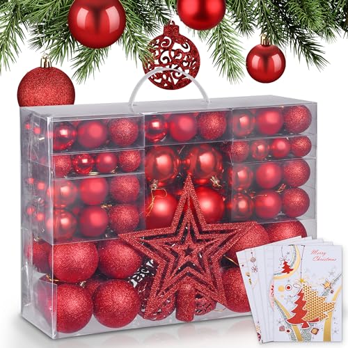 ONBEST Weihnachtskugeln 128-teiliges Set – 1x Baumspitze Glitzer Stern & 127x Kugel – mit Verpackung – Weihnachtsschmuck Deko für Drinnen & Draußen aus Kunststoff – Plus 5X Karte (Rot)