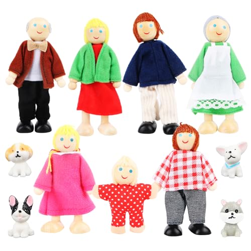 Jognee 11-teiliges Hölzernes Puppenhaus Set mit Familie, Katze und Hund - Biegepuppen für das Pretend Dollhouse