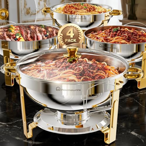 WARMOUNTS 4er Set Silber & Gold Chafing Dish Buffet 5L, Rund Speisenwärmer für Catering mit Glasdeckel & Deckelhalter, Hochglanzpoliert Edelstahl Lebensmittelecht für Feiern, Hochzeit, Events