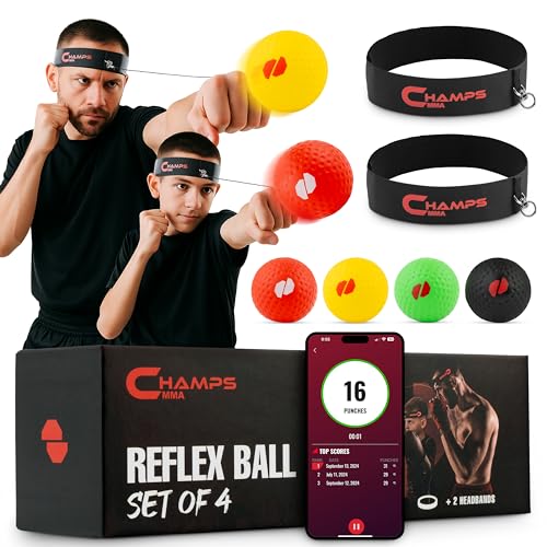 Box-Reflexball-Set mit Schlagzähler-App, 4 Boxbälle mit unterschiedlichen Gewichten, 2 Kopfband und 4 Ersatzsaiten zur Verbesserung der Geschwindigkeit, Hand-Augen-Koordination für Männer, Kinder