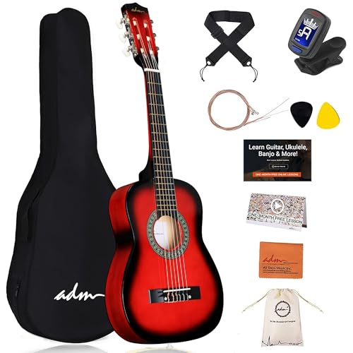 ADM Kinderkonzertgitarren-Set, 76,2 cm, Anfänger-Gitarre mit Gigbag, Stimmgerät, Gurt, Plektren, extra Saiten, Aufbewahrungstasche und Reinigungstuch (rot)