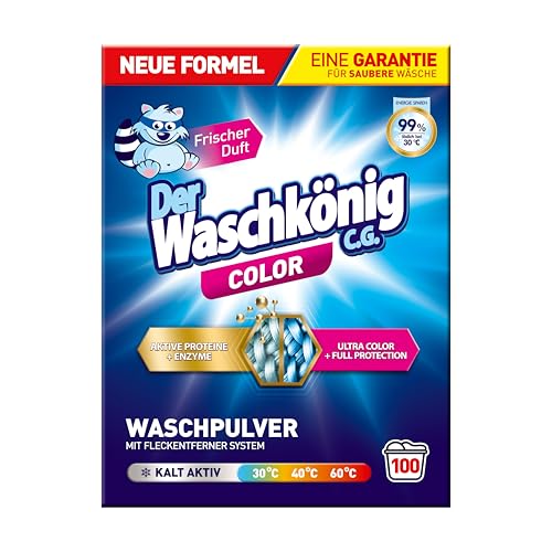 Der Waschkönig C.G. Color Waschpulver 100 Waschladungen 6 kg – Entfernt Flecken ab 30 °C, Schützt Farben, für Bunte Wäsche, Löst sich Vollständig, Sanft zur Haut