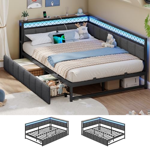 AOGLLATI Polsterbett Schlafsofa 140x200 mit USB-Steckdosen und LED-Beleuchtung Jugendbett 140x200 mit 2 Schubladen,Tagesbett Gästebett Bettgestell mit Lattenrost,Ohne Matratze,Grau(140x200cm)